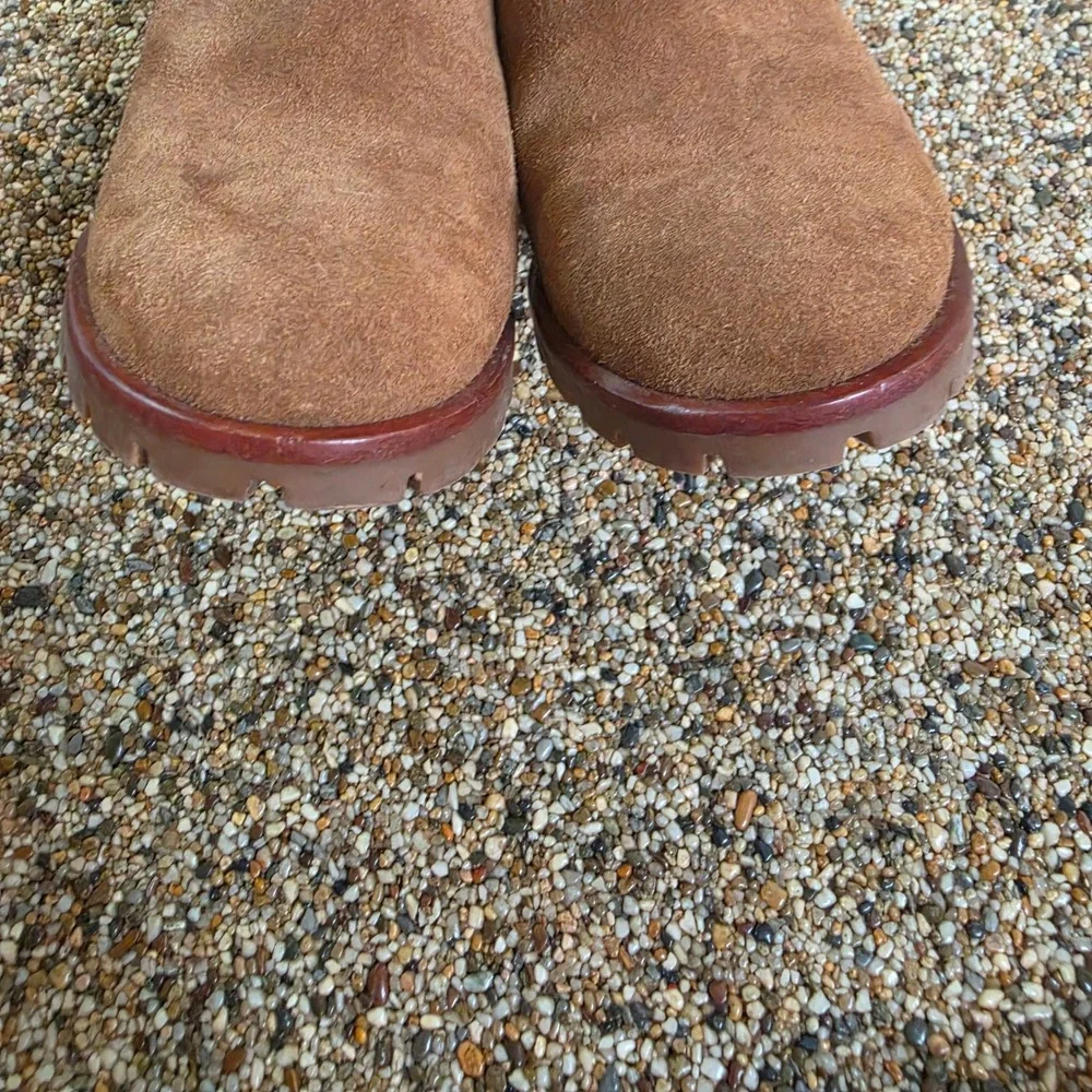 Tory Burch Brown Suede Lug Sole Block Heel Ankle Boots Logo Ring size 9